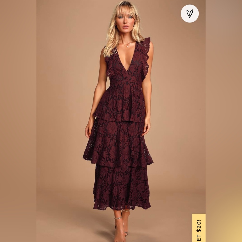 Lulu’s Molinetto Burgundy Lace Ruffled Tiered Sleeveless Maxi Dress